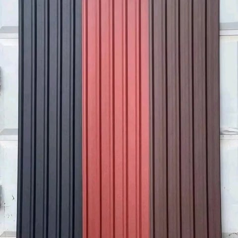 Color palette display showing vertical corrugated metal panels in shades of dark gray, coral red, and brown